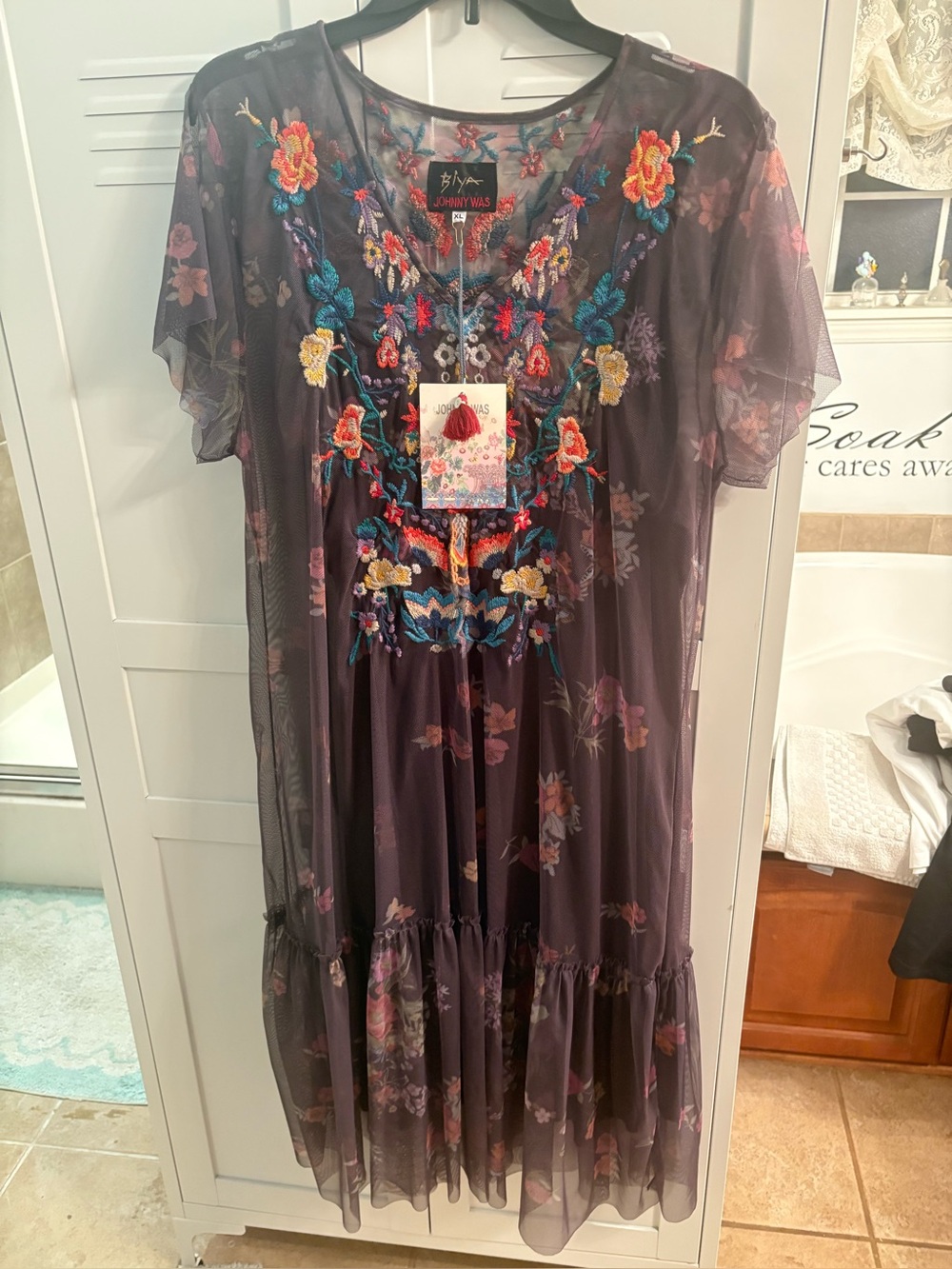 JOHNNY WAS NWT Marian Mesh over slip embroidered dress XL